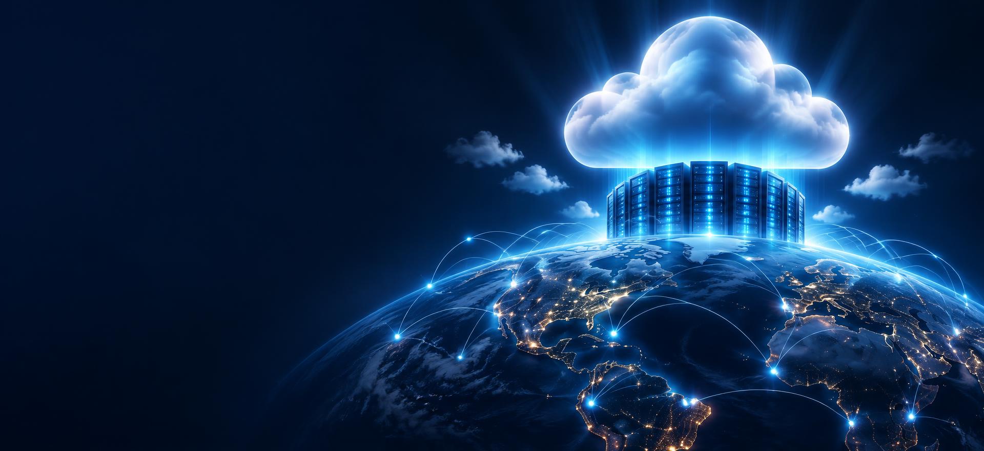 Glowing cloud above server racks on a connected globe